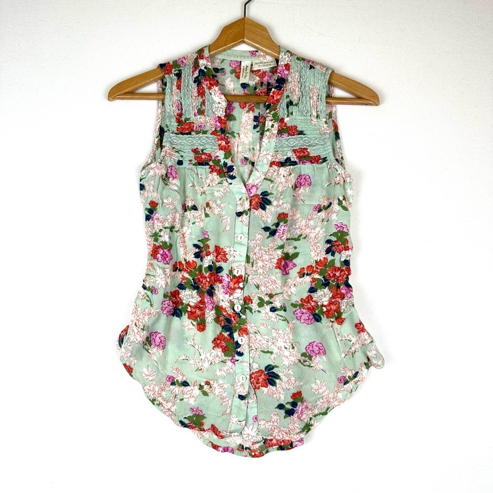 Meadow Rue Anthro Lace Pintuck Floral Sleeveless Button down Shirt Cottagecore